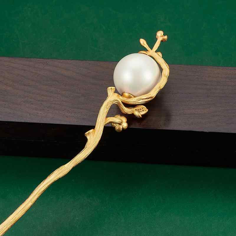 ヘアアクセサリー レディース S925 シルバー 古法 金メッキ 淡水パール かんざし チャイナドレス 髪飾り ヘアピン 簪 (かんざし) 和装 幾何学模様