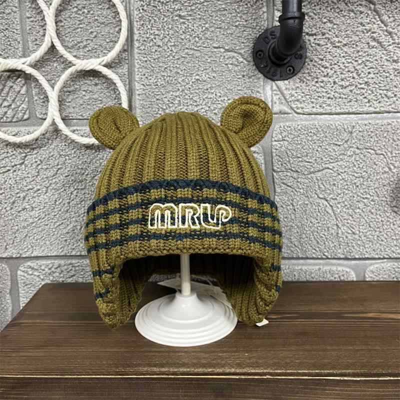 帽子 ベビー用 ストライプ 折り返し 耳当て付き コットン 春秋 防寒 1歳 2歳 かわいい 石褐绿