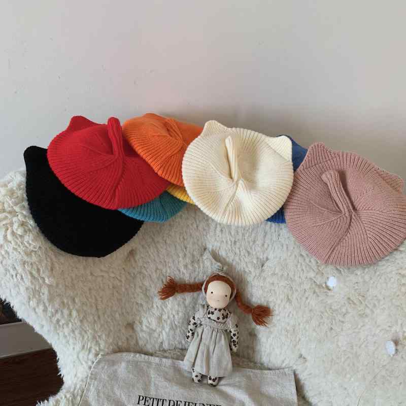 帽子 キッズ 女の子 ニット ベレー帽 猫耳 秋冬 子供用 かわいい 毛糸 暖か 無地 ブラック ピンク系 ブ..