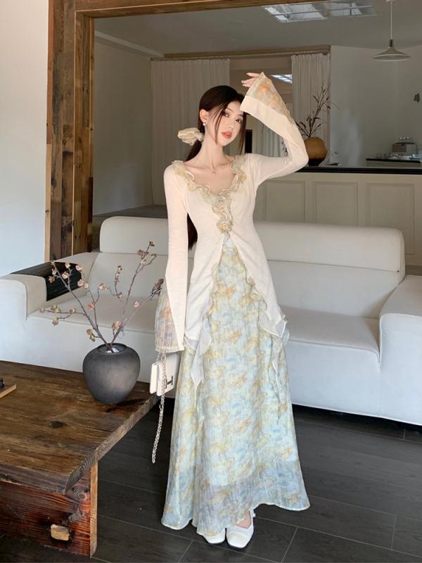 セットアップ レディース 新中式 チュニック シャツ ティアード スカート 上下セット ゆったり 長袖 3D 幾何学模様 春 かわいい 乙女チック 旅行 デート