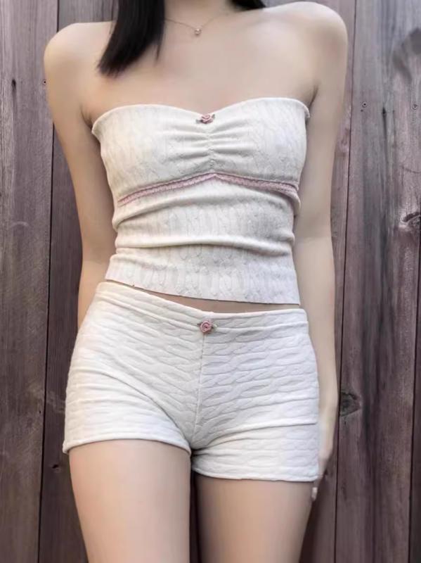 セットアップ レディース 秋冬 ニット 提花 へそ出し トップス ショートパンツ 上下セット 無袖 ポリエステル かわいい ガーリー フェ..