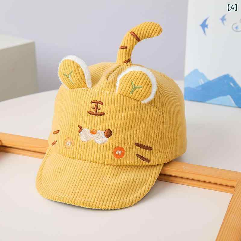 帽子 キッズ ベビー 6-12ヶ月 鸭舌帽 コーデュロイ 小虎柄 イエロー ピンク ベージュ ブルー 防寒 保温..