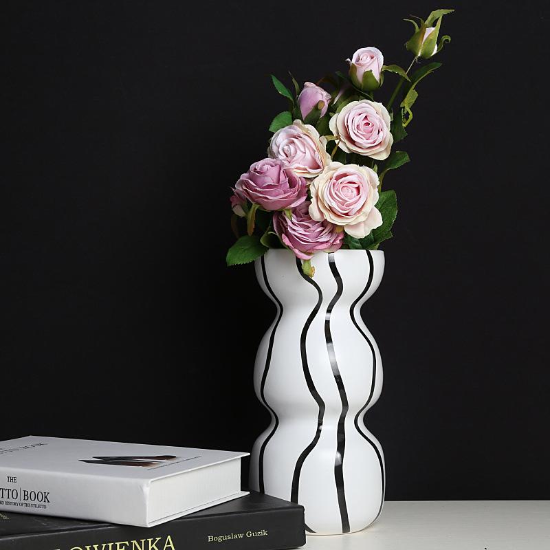 花瓶 北欧風 幾何学模様 セラミック 直筒 リビング ベッドルーム 模様替え インテリア 黒白 モノトーン シンプル