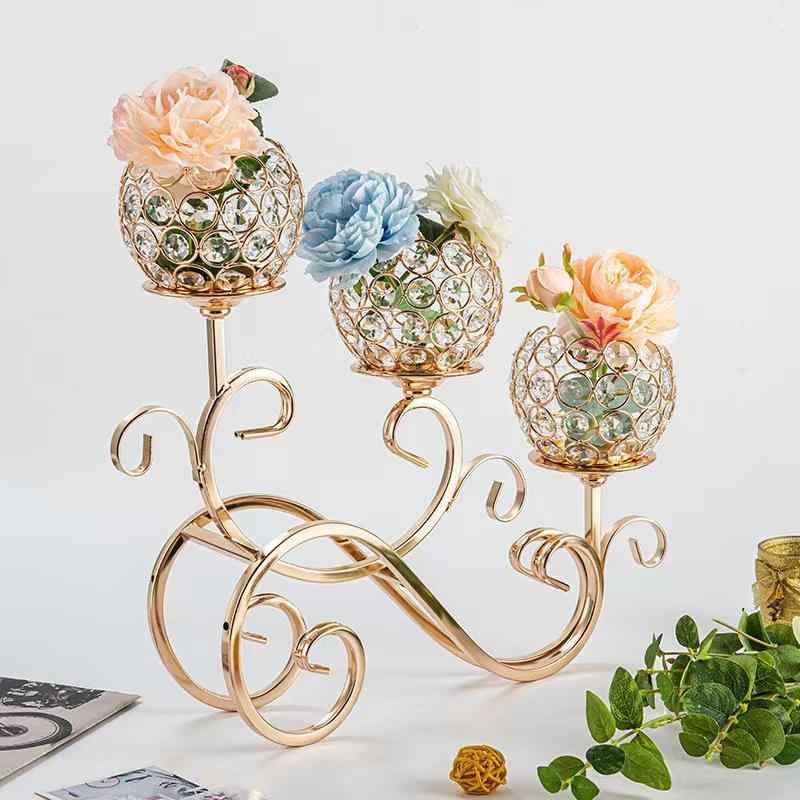 燭台 ヨーロッパ風 アイアン 3灯 クラシックカー 水晶 電気メッキ加工 ホームデコレーション 結婚式 ディナー ロマンチック 雰囲気 ゴールデン シルバー(4)