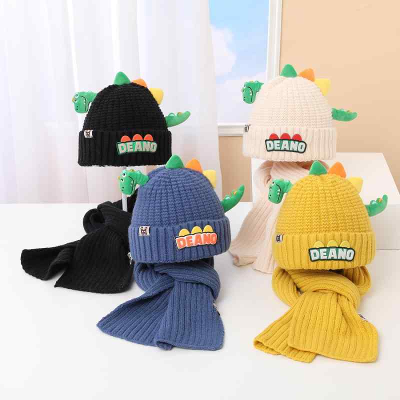 帽子 ベビー ニット帽 恐竜 かわいい 男の子 女の子 小童 帽子 マフラー 2点セット 秋冬 保温 防寒 天ブルー ブラック イエロー グリーン ベージュ 4歳 5歳 6歳 7歳 8歳 9歳 10歳