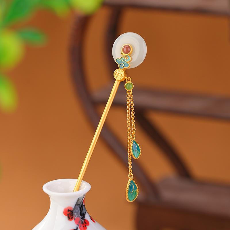 ヘアピン レディース S925 シルバー 鍍金 和田玉 碧玉 南紅 祥雲 コインモチーフ 平安扣 銀髪飾り 中華風 幾何学模様