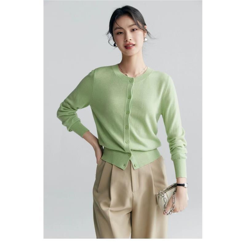 ニット カーディガン レディース ラウンドネック 長袖 ミルクティー ベージュ オフホワイト ブラック ..