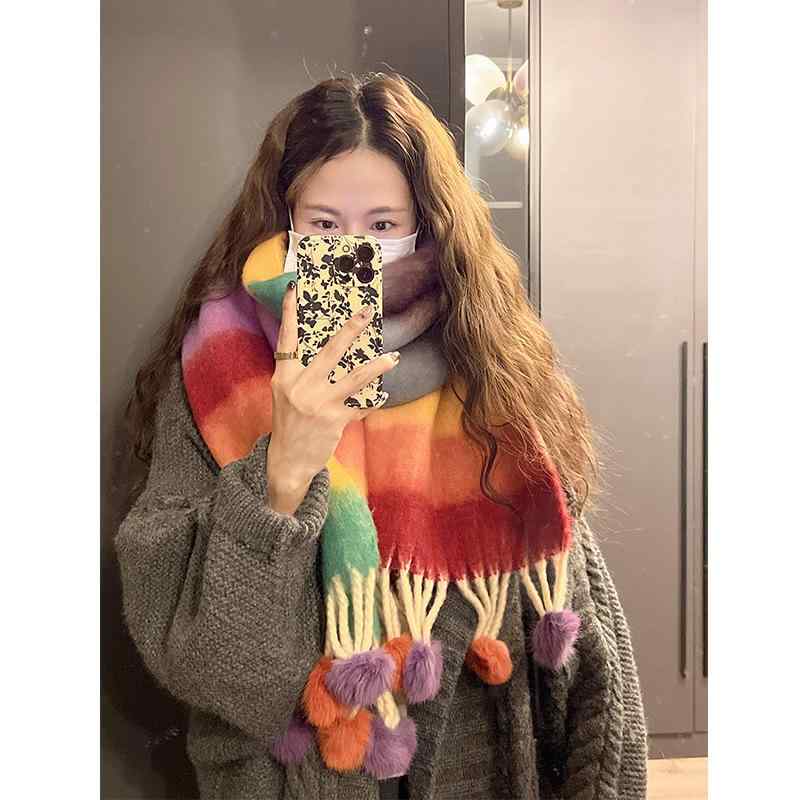 マフラー レディース メンズ ウサギ ファー ポンポン ニット ストライプ あったか 防寒 ショール かわ..