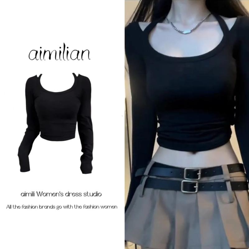 Tシャツ レディース ブラック 長袖 トップス プリンセススリーブ 秋物 スリムフィット 細見え インナー 私服 名媛スタイル