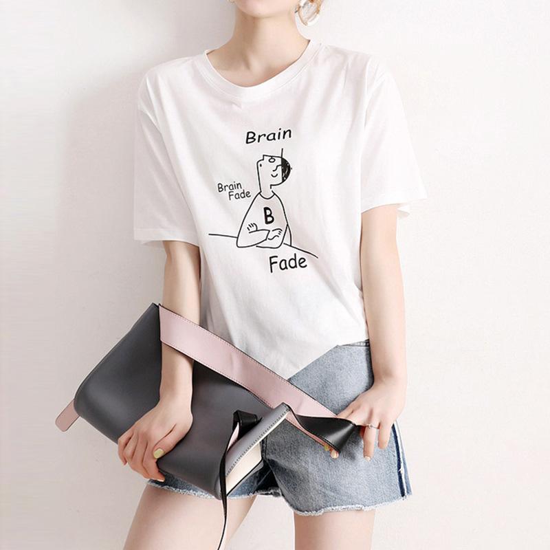 Tシャツ レディース 半袖 コットン プリント ラウンドネック トップス カットソー 韓国風 カジュアル スタイル 着回し