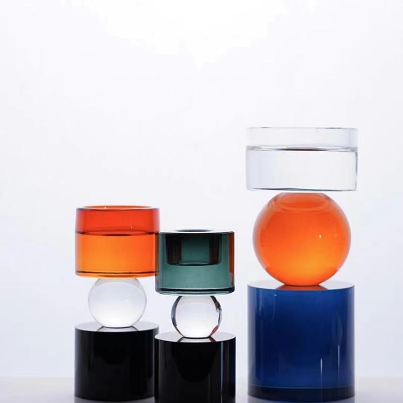 キャンドルスタンド 北欧風 カラークリスタルガラス 幾何学模様 ロマンチック 燭台 ダイニングテーブル 飾り インテリア オブジェ 大 中 小