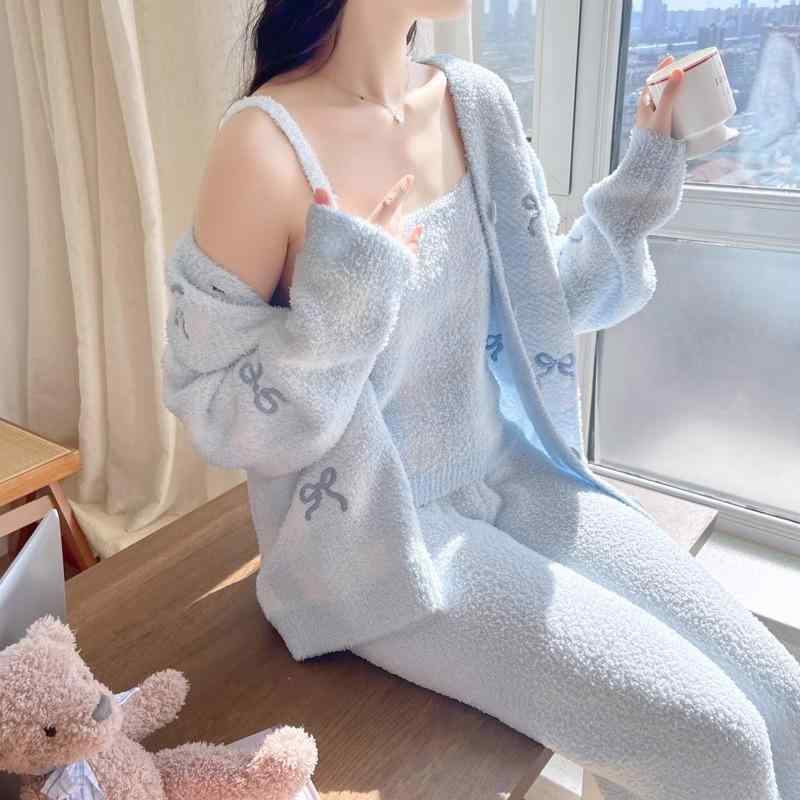 パジャマ レディース 冬 部屋着 3点セット あったか 厚手 珊瑚マイヤー Vネック 長袖 長ズボン かわいい ルームウェア リラックスウェア 普段使い 快適 ポリエステル ゆったり ブルー レモンイエロー ピンク系