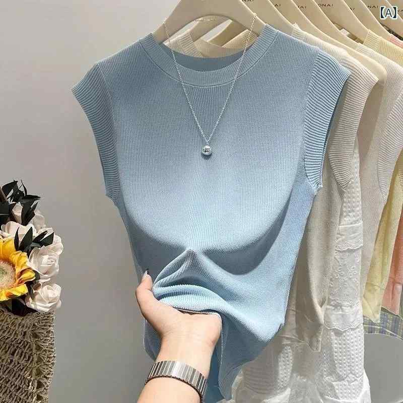 Tシャツ レディース ノースリーブ 接触冷感 ブルー 無地 ラウンドネック スリムフィット ショート丈 トップス 接触冷感 涼しい さらさら