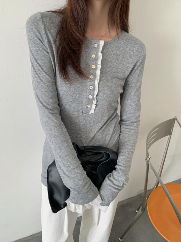 Tシャツ レディース ヘンリーネック 再生繊維 長袖 トップス 切り替え フリル スリム