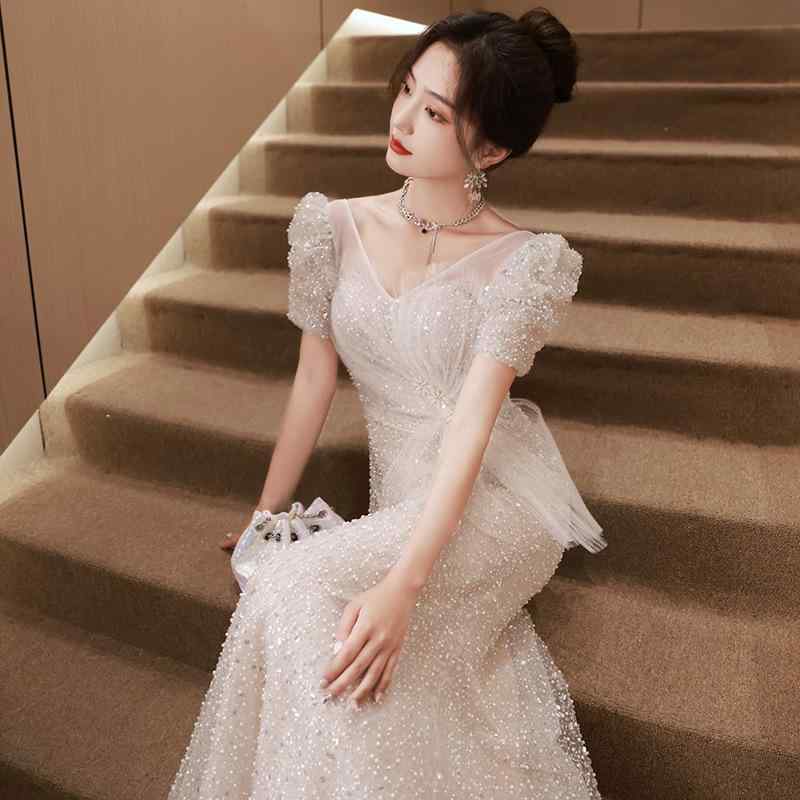 パーティードレス レディース 深Vネック ミディアムウエスト ポリエステル イブニングドレス フォーマルドレス カクテルドレス 結婚式 宴会 米灰色 S M L XL XXL