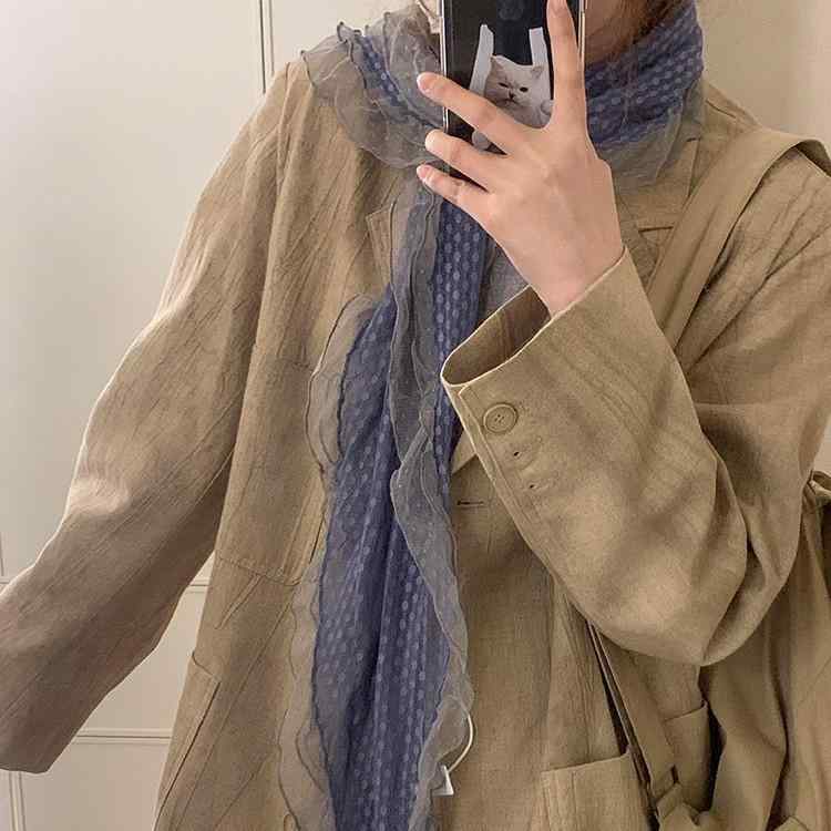 スカーフ レディース 藤井樹風 古着風 グレー ブルー ドット柄 レース 縁 ミミ付き ロング ストール