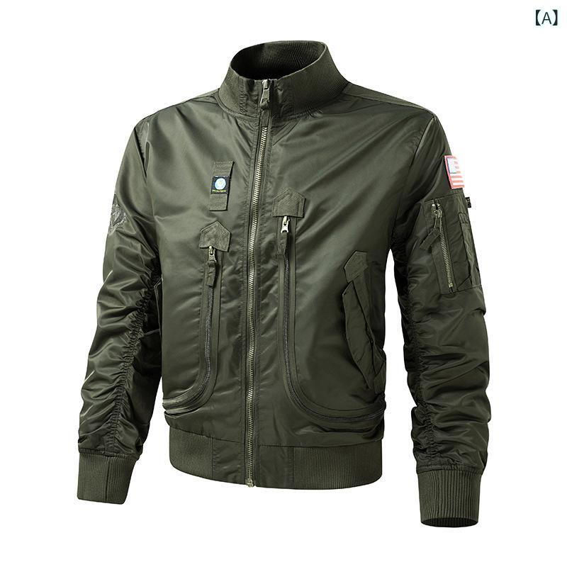 ジャケット 男性用 MA-1 空軍 パイロット ミリタリー 野球服 アウター 立襟 防風 通気性 迷彩 カーキ ブラック グレー ブルー 春秋
