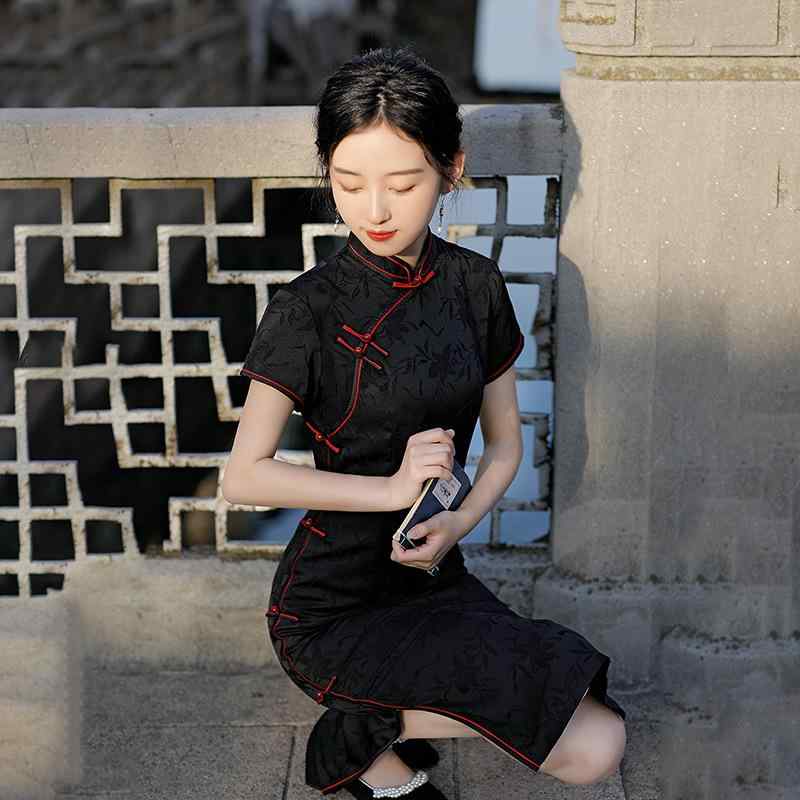 チャイナドレス レディース 半袖ワンピース ポリエステル 民族風 レトロ ミドル丈ワンピース 立襟 斜め..