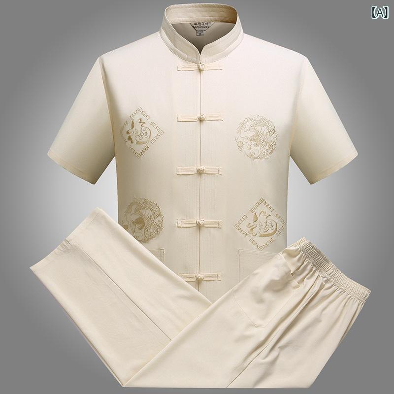 唐装 メンズ 男性用 半袖 上下セット 中国風 刺繍 盤扣 リネン混紡 部屋着 普段使い 父の日 プレゼント 還暦祝い 米寿祝い