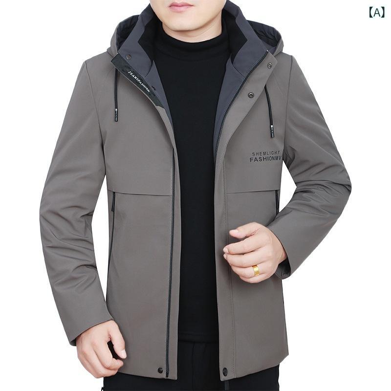 ・カテゴリ: ジャケット・スタイル: ビジネス・領型: スタンドカラー・版型: スリム・前立て: ジッパー・フード: 有り・厚さ: 普通・柄: 無地・誤差範囲: 1～3cm・対象: 中年・素材: 化学繊維混紡・素材（メイン）: ポリエステル100%・裏地: ポリエステル100%・シーン: カジュアル・ディテール: 配色・裾: ストレート・加工: 防しわ・着丈: レギュラー・ポケット: サイドポケット・着こなし: アウター・袖丈: 長袖・色: カーキ、グレー、ブラック・サイズ: M、L、XL、XXL、XXXL、XXXXL・袖のタイプ: レギュラー・対象年齢: 成人・対象性別: 男性