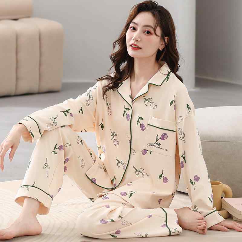 パジャマ レディース 秋冬 綿 長袖 ルームウェア 上下セット 部屋着 寝巻き かわいい 開襟シャツタイプ プリント柄 コットン 快適 伸縮性 M L XL XXL