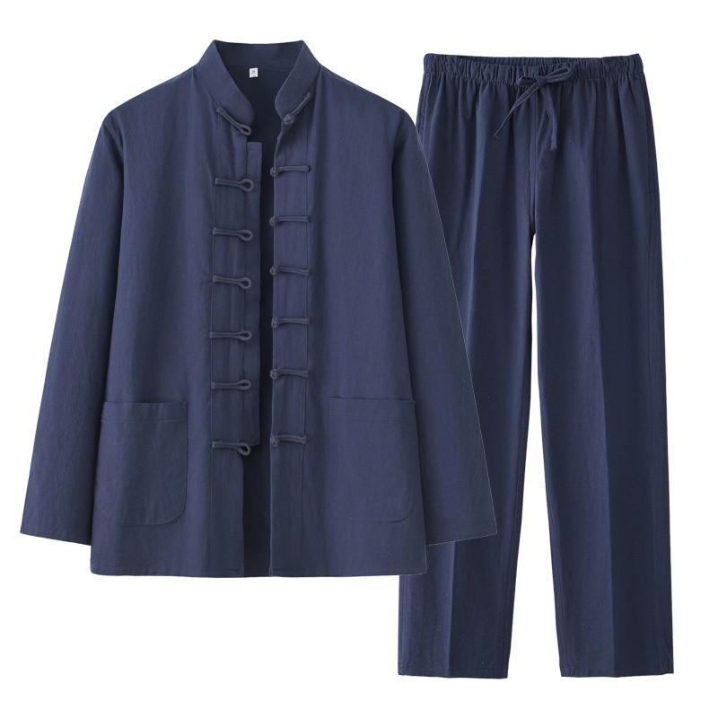 シャツ 男性用 長袖 セットアップ 中華風 唐装 コットン リネン 春秋 普段使い 部屋着 ホワイト ブラック ネイビー グレー カーキ