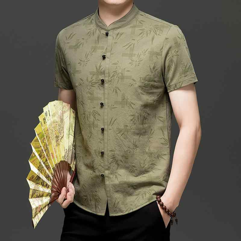 シャツ メンズ 男性用 新 中式 唐装風 綿麻 シャツ トップス 立襟 プリント柄 通気性 快適 ブラック カーキ グリーン