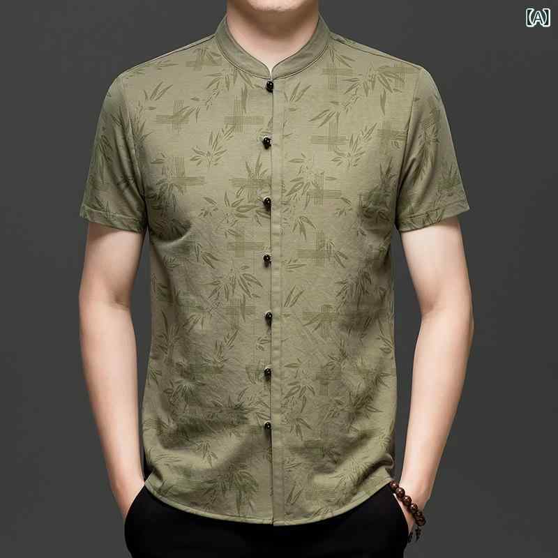 シャツ メンズ 男性用 新 中式 唐装風 綿麻 シャツ トップス 立襟 プリント柄 通気性 快適 ブラック カーキ グリーン
