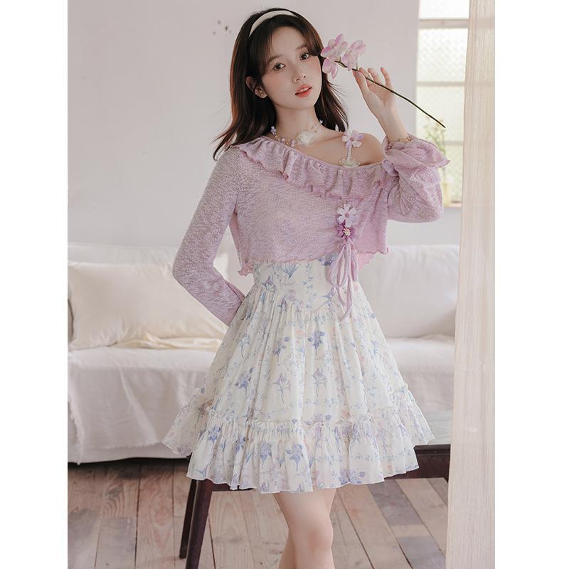 ワンピース レディース 春夏 花柄 ノースリーブ Aライン パープル 紫 ギャザー ティアード フリル ショール セットアップ 甘め かわいい ガーリー フェミニン