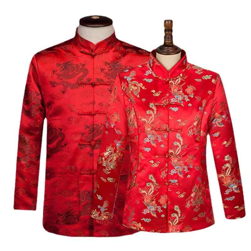 唐装 メンズ 男性用 レディース 春秋 冬 中高年 向け 漢服 ジャケット コート 慶弔 お祝い 敬老の日 還暦 古希 喜寿 傘寿 米寿 卒寿 白寿 百寿 祝い ポリエステル プリント柄 レッド 赤 ブラック 黒
