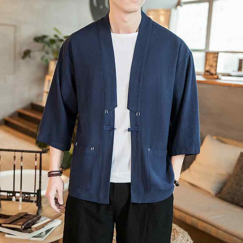 着物 メンズ 唐装 男性用 カーディガン 七分袖 道袍 漢服 上着 ジャケット 綿 麻 中国風 ブラック ネイ..