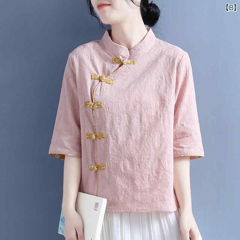 チャイナドレス レディース 綿麻 唐装 トップス 中華風 民族衣装 改良旗袍 ブラウス ブルー ピンク系