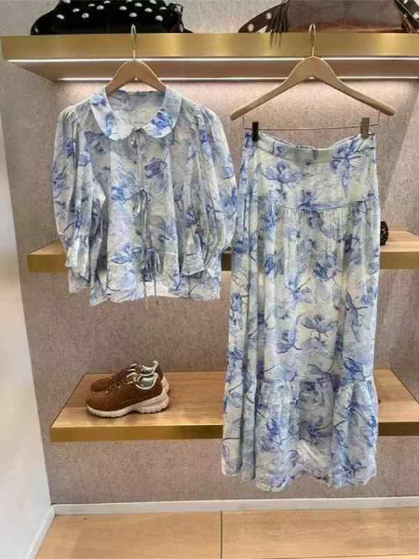 セットアップ レディース 春夏 ブルー 花柄 ギャザー 長袖 ブラウス ロングスカート ティアードスカート リゾート 上品 きれいめ