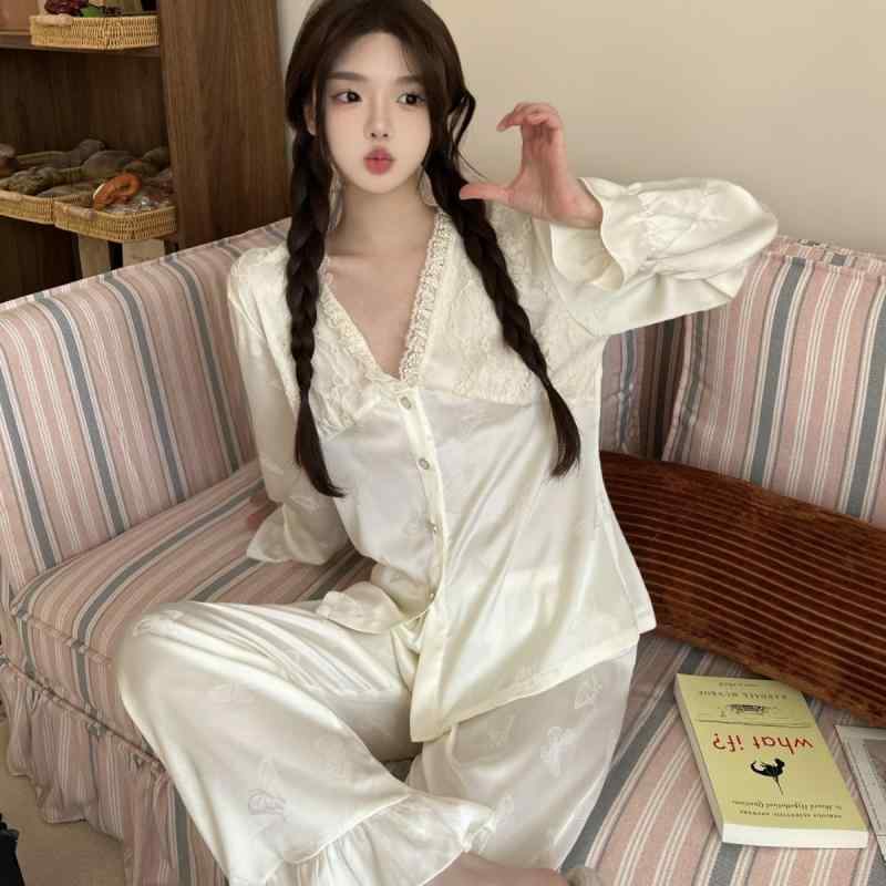 パジャマ レディース 春夏 長袖 上下セット 接触冷感 薄手 ルームウェア 部屋着 Vネック レース