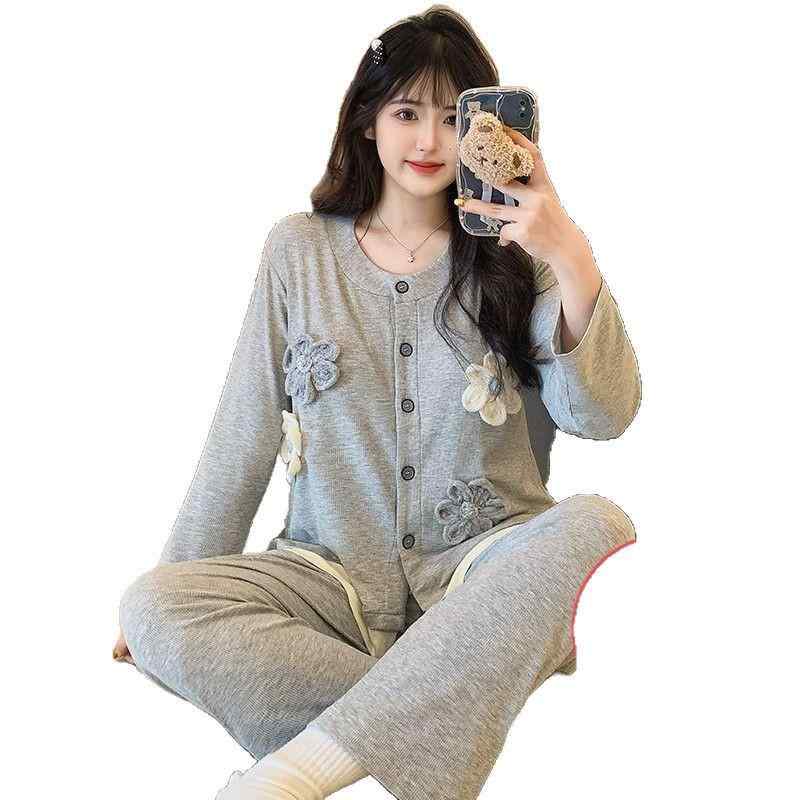 パジャマ レディース 春秋 薄手 モダール かわいい 花柄 ルームウェア 上下セット 長袖 長ズボン リラックス ウェア 部屋着 M L XL XXL グレー イエロー