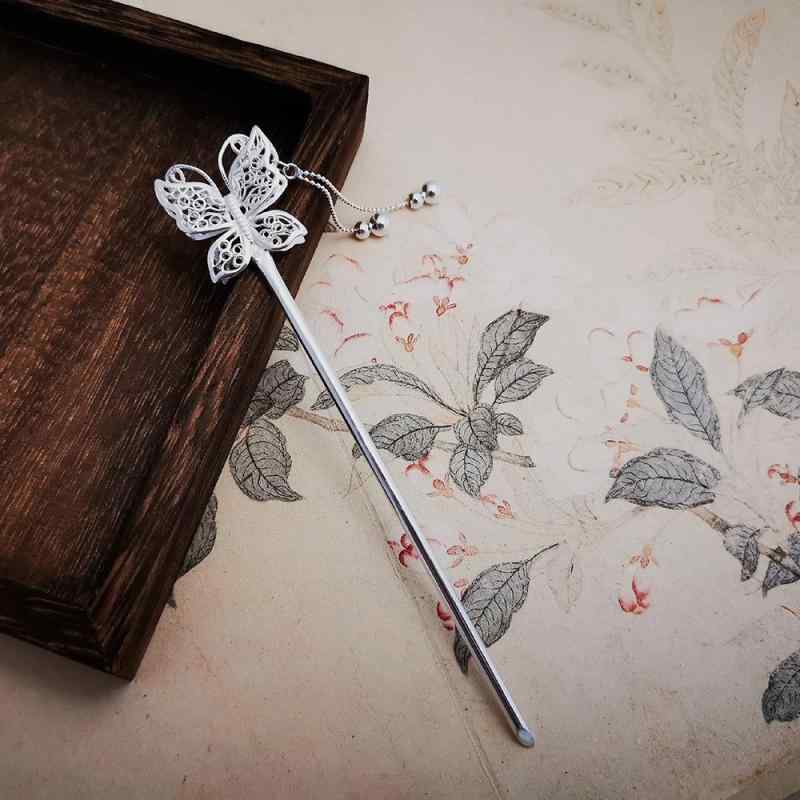 ヘアアクセサリー レディース ヘアピン かんざし 銀製 簪 髪飾り シルバー 999 古代風 和装 浴衣 着物 蝶 バタフライ エレガント 電気メッキ加工