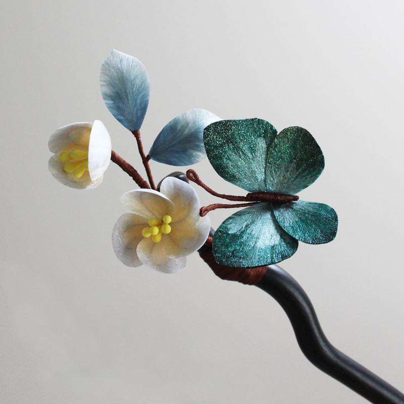 ヘアアクセサリー レディース 古風 髪飾り シルク グラデーション 簪 かんざし 手作り 檀木 サンダルウッド 非遺産 伝統 漢服 和装 コスプレ