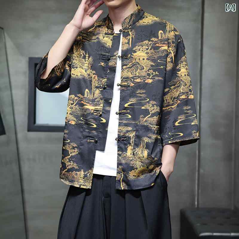 シャツ メンズ 男性用 チャイナ風 唐装 トップス 7分袖 接触冷感 涼しい 快適 大码 ゆったり 普段使い 部屋着 ポリエステル プリント ブラック 黒 酒 красный 宝藍色 深藍色 卡其色