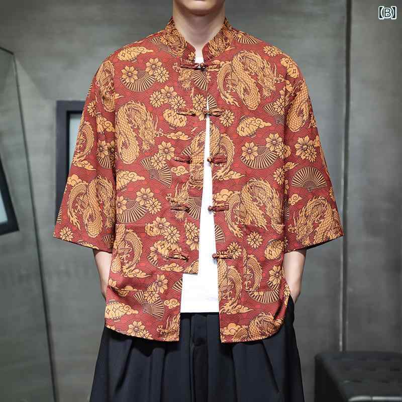 シャツ メンズ 男性用 チャイナ風 唐装 トップス 7分袖 接触冷感 涼しい 快適 大码 ゆったり 普段使い 部屋着 ポリエステル プリント ブラック 黒 酒 красный 宝藍色 深藍色 卡其色