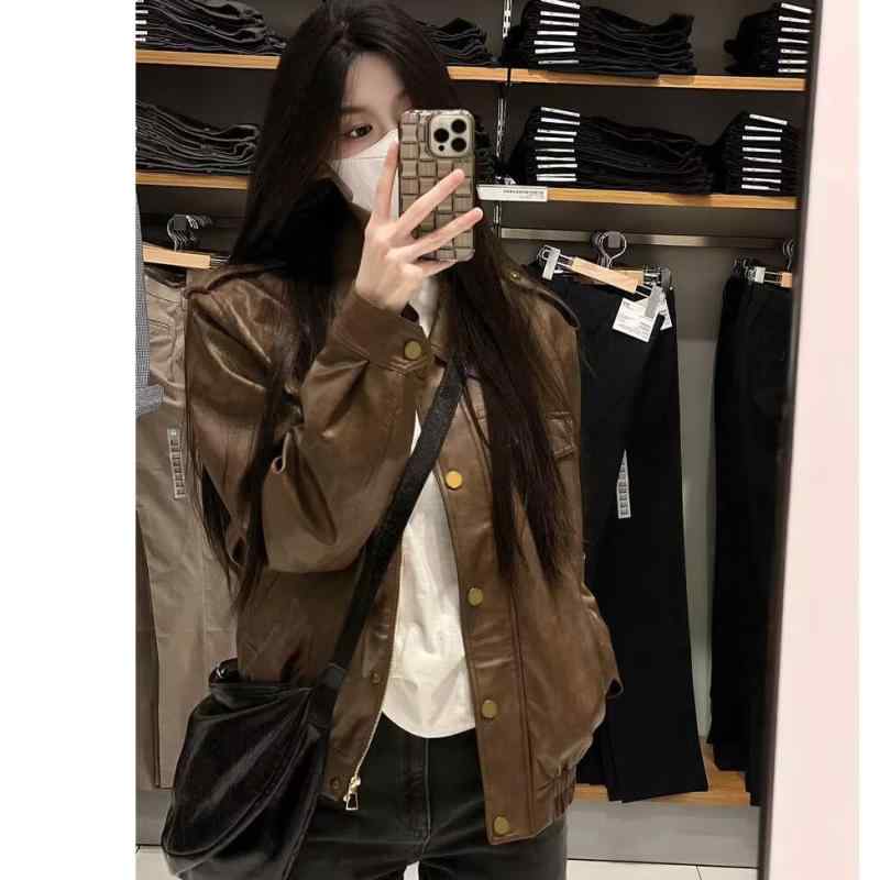 ジャケット レディース 春秋 PUレザー ゆったり ショート丈 ターンカラー 長袖 バイカージャケット フ..