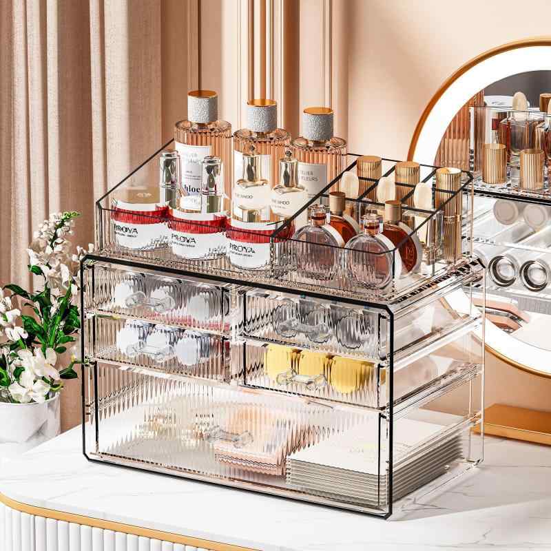 化粧品収納ボックス コスメボックス ドレッサー 透明 防塵 大容量 口紅 マスク 卓上 軽奢風
