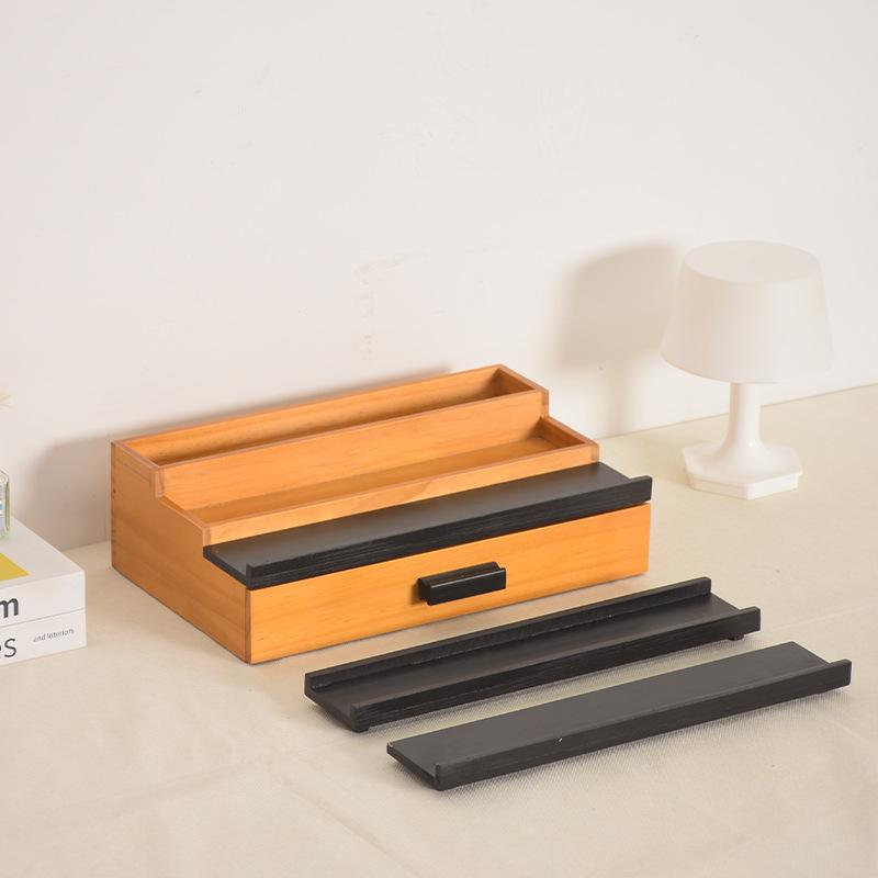 木製収納ボックス デスク収納ケース 引き出し式 卓上小物入れ 化粧品 香水 整理 棕色 ブラック