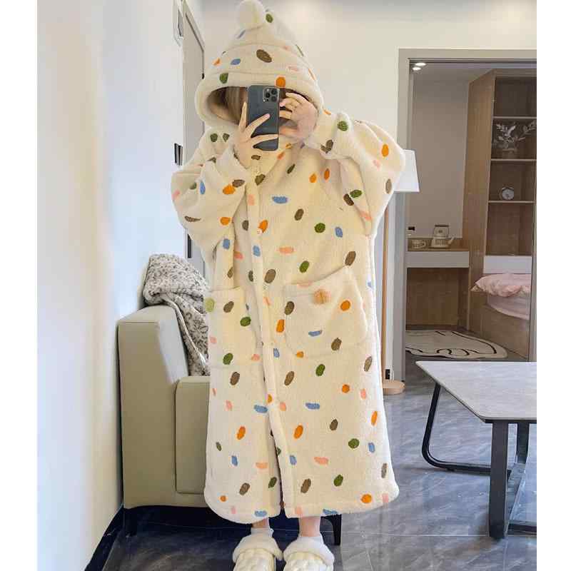 ルームウェア レディース 厚手 サンゴフリース フード付き ロング丈 長袖 バスローブ パジャマ ルームワンピース 冬用 あったか 保温 ポリエステル 普段使い 快適 かわいい