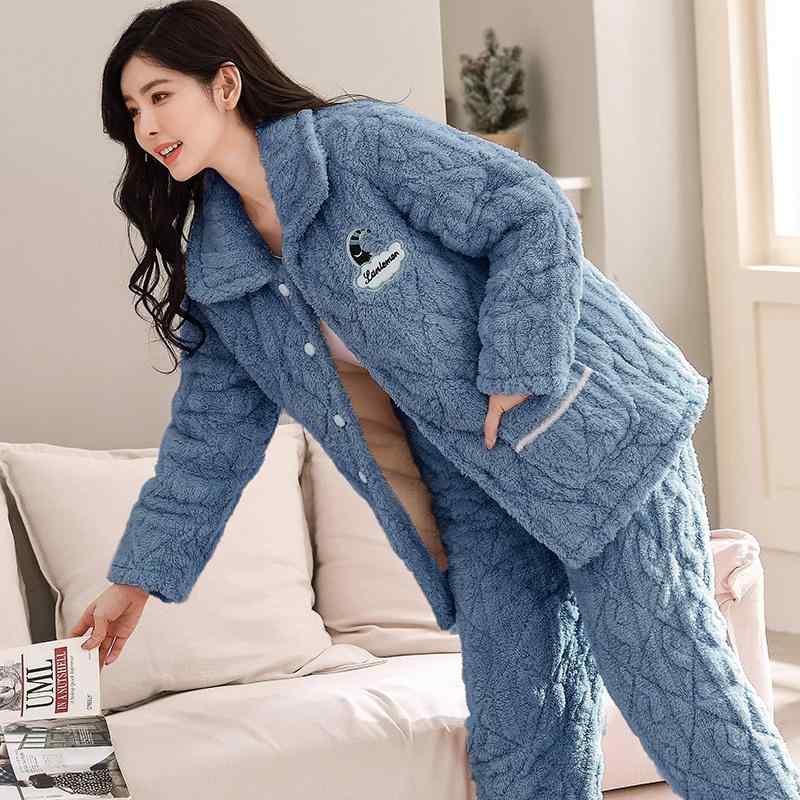 パジャマ レディース 秋冬 あったか 3層構造 中綿入り 極厚 サンゴフリース フランネル ポリエステル ..