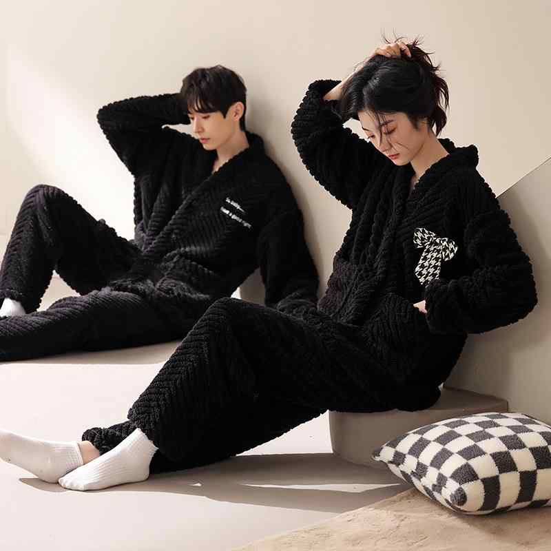 パジャマ 男女兼用 秋冬 珊瑚フリース フランネル ポリエステル製 極厚 裏起毛 保温 Vネック 長袖 長ズボン 前開き カジュアル ルームウェア セット 快適 リラックス ゆったり