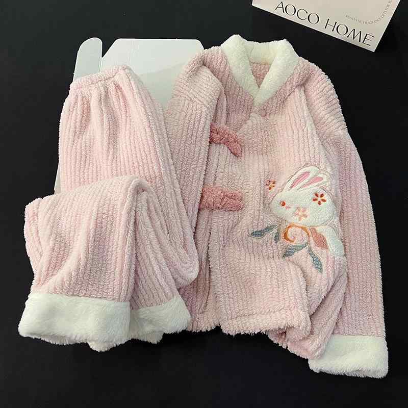 パジャマ ルームウェア レディース おうち時間 サンゴフリース フランネル 裏起毛 厚手 保温 もこもこ 快適 セットアップ 長袖 ロングパンツ チャイナボタン チャイナ風 秋冬