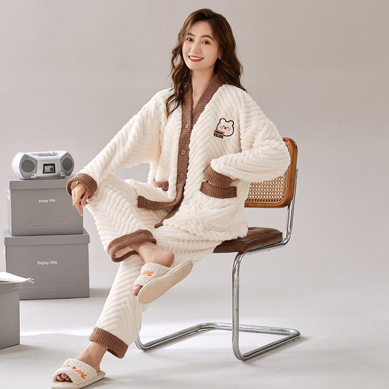 ルームウェア レディース 女性用 フランネル コーラルフリース パジャマ 裏起毛 極厚 Vネック 開襟 長..