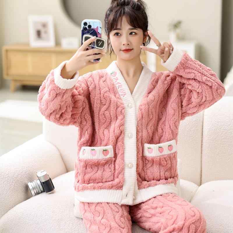 パジャマ レディース サンゴフリース 秋冬春 厚手 あったか 保温 かわいい ルームウェア 上下セット 長袖 ロングパンツ Vネック 部屋着 ポリエステル ワンマイルウェア