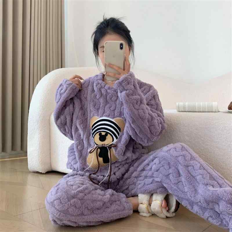 パジャマ レディース 秋冬 サンゴフリース フランネル キャラクター くま柄 かわいい おしゃれ ロング..