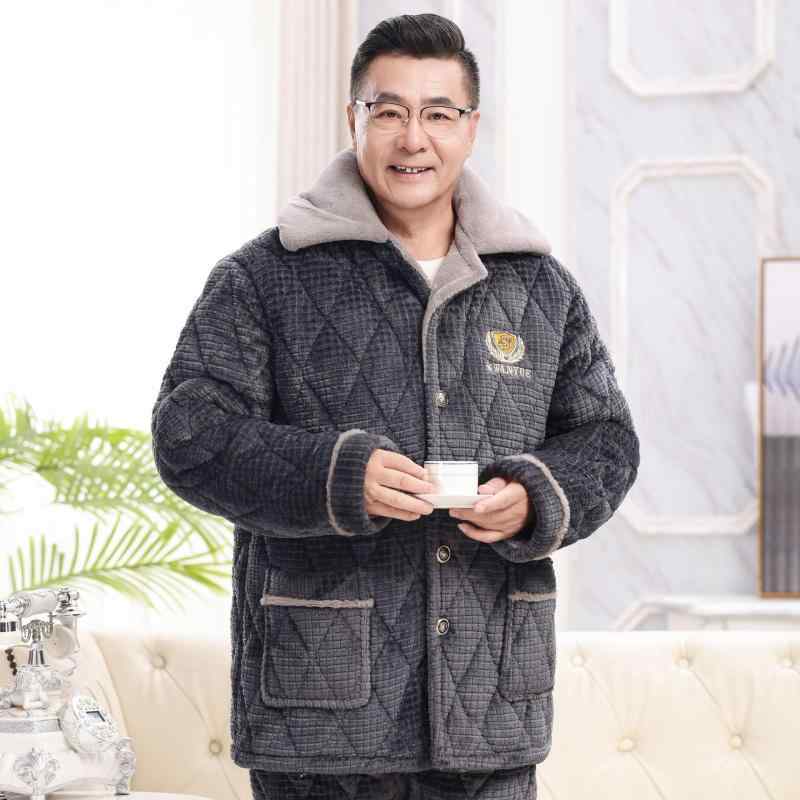 パジャマ メンズ 秋冬 フランネル 三層 中綿入り 保温 厚手 大きいサイズ ゆったり 中高年向け 外出可..